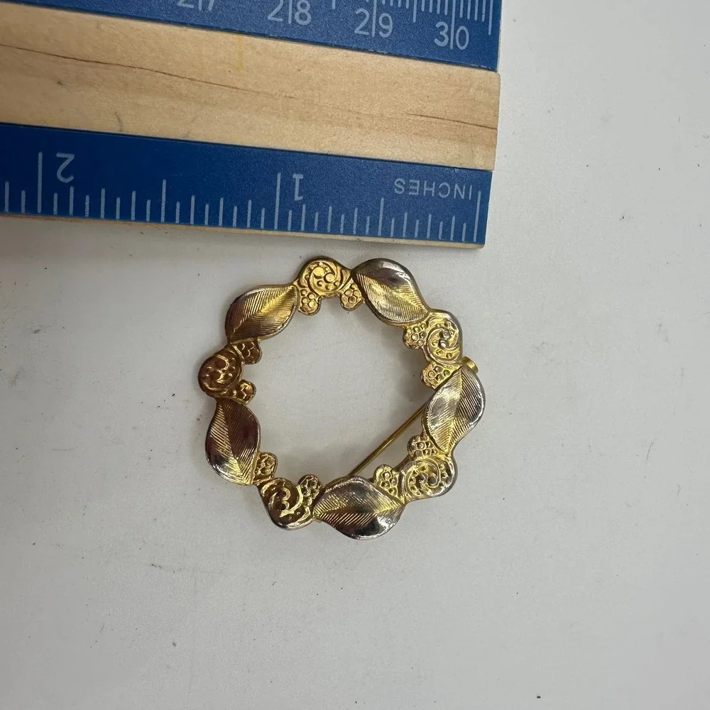 VTG MCM Brooch Lot 3 Gold Tone Leaf Geometric Circle Floral Wreath Pins Coquette